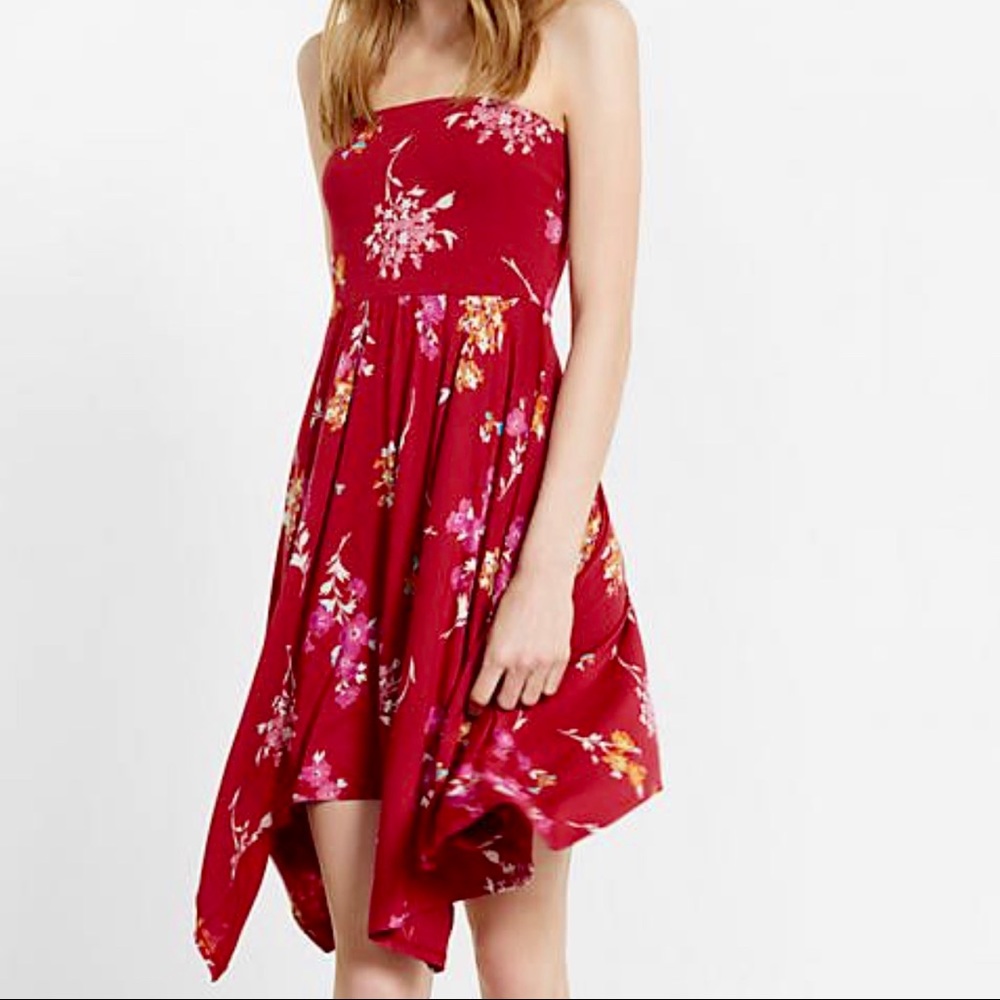 Express Strapless Handkerchief Hem Floral Dress